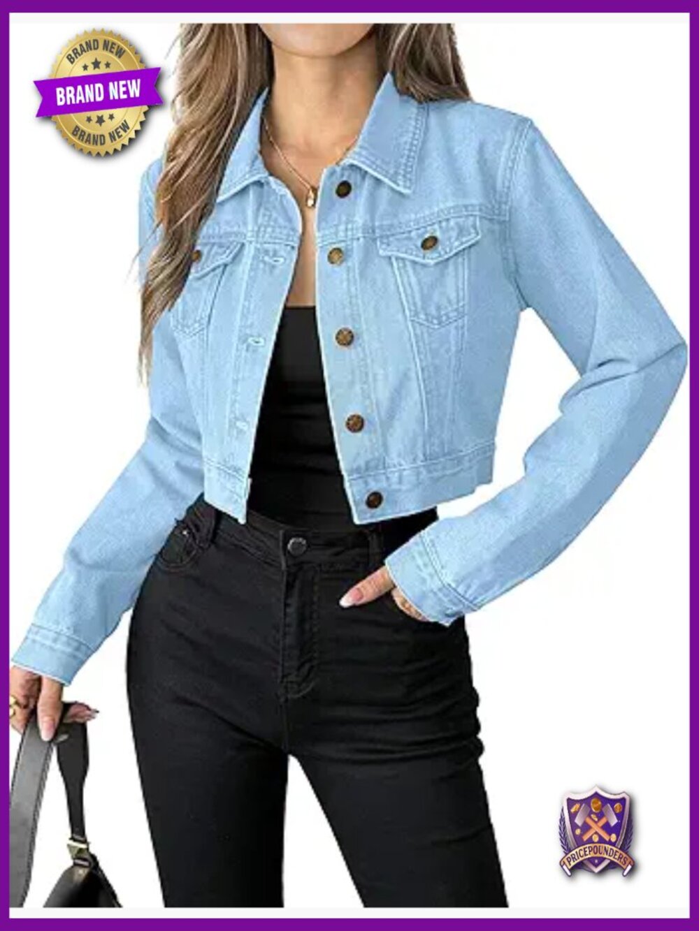Button Down Long Sleeve Cropped Denim Jean Jacket with Pockets